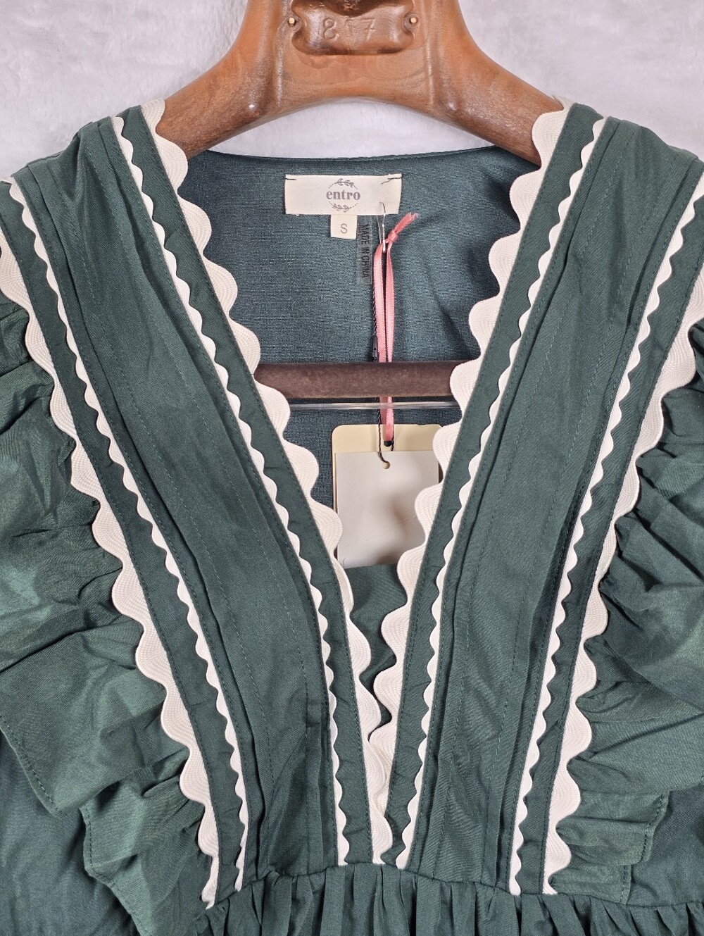 Entro Green Ric Rac Ruffle V Neck Babydoll Blouse Top Sz.S Pemplum Cottagecore - Picture 4 of 13